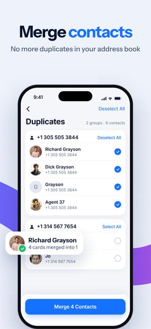 Duplicate contacts grouped by phone number, ready to merge